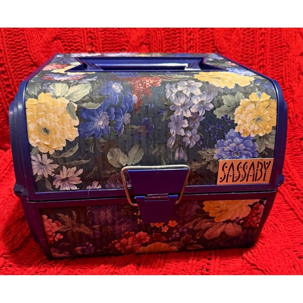 Vintage Sassaby Makeup Organizer Box Floral Navy Blue 90s Vanity Case Mirror
